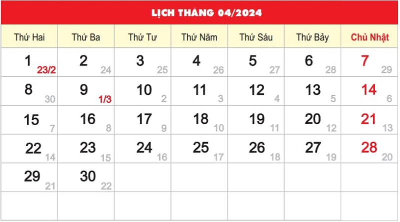 Lịch tháng 2 âm lịch 2024 vào tháng 4 dương lịch
