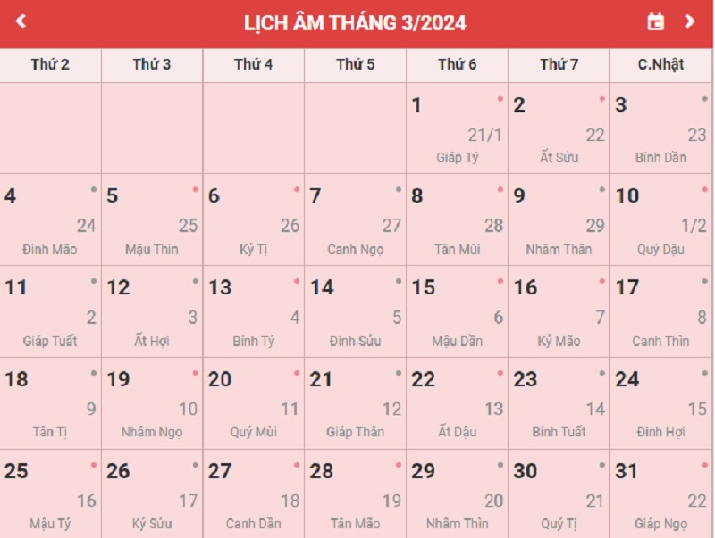 Xem lịch âm tháng 3/2024 chi tiết và đầy đủ