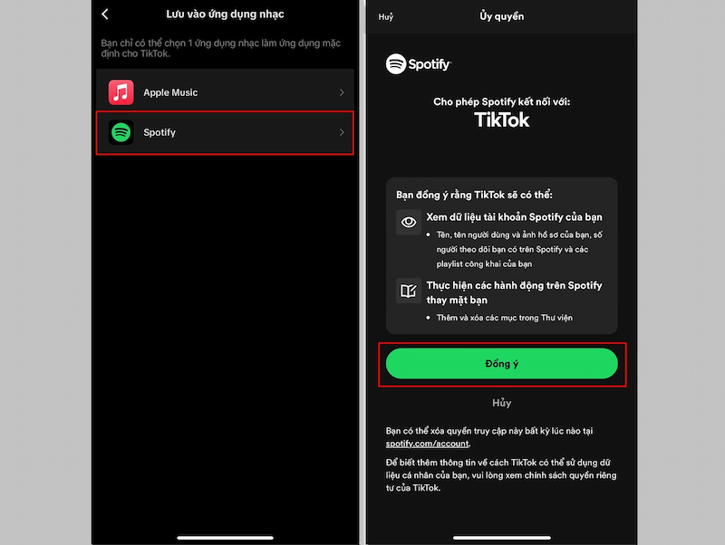 Nhấn Đồng ý để cho phép Spotify kết nối với Tiktok