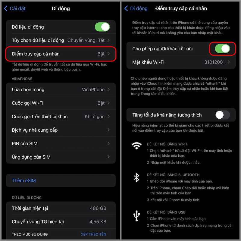 Tắt/Bật lại Điểm truy cập cá nhân