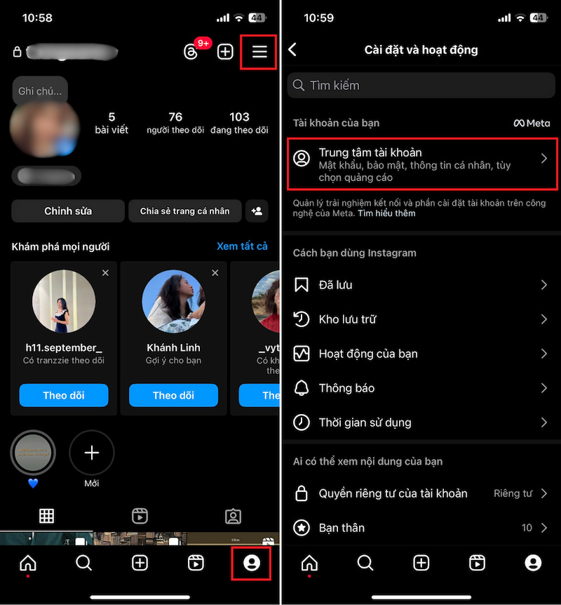 Trung tâm tài khoản Instagram
