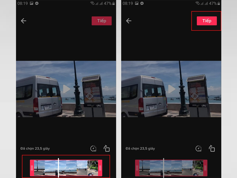 Kéo khung màu đỏ để điều chỉnh thời lượng video và chọn Tiếp