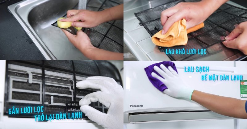 Lau chùi và lắp lại máy sau khi lưới lọc đã sạch