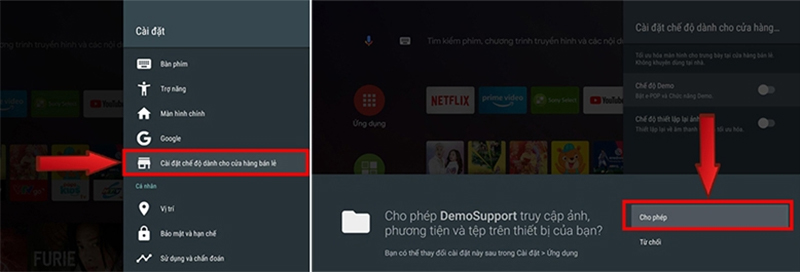 Chọn “Cài đặt chế độ dành cho cửa hàng bán lẻ” (Retail mode settings) rồi “Cho phép”
