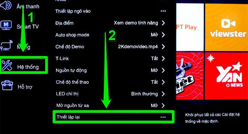 Chọn vào mục “Hệ Thống” và chọn vào “Thiết lập lại”