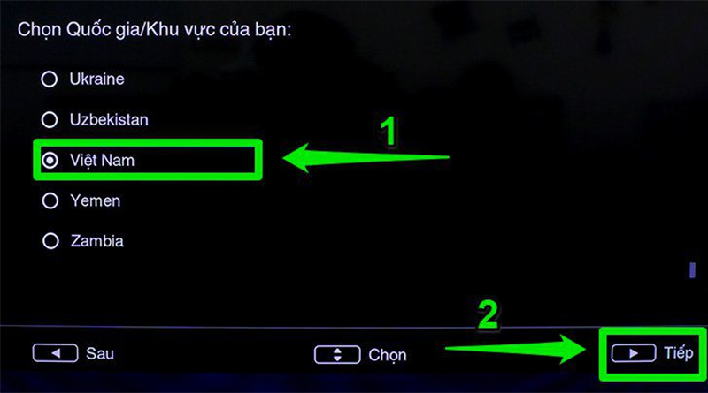 Chọn vào ô “Việt Nam” rồi chọn “Tiếp”