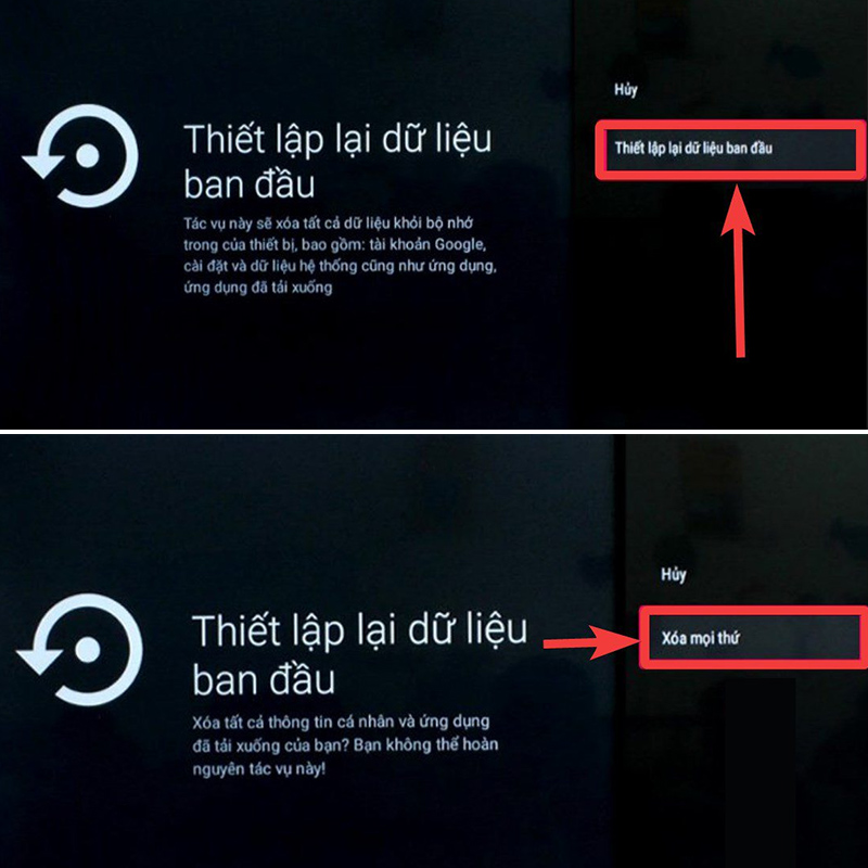 Chọn vào dòng “Thiết lập lại dữ liệu ban đầu” rồi chọn “Xóa mọi thứ”