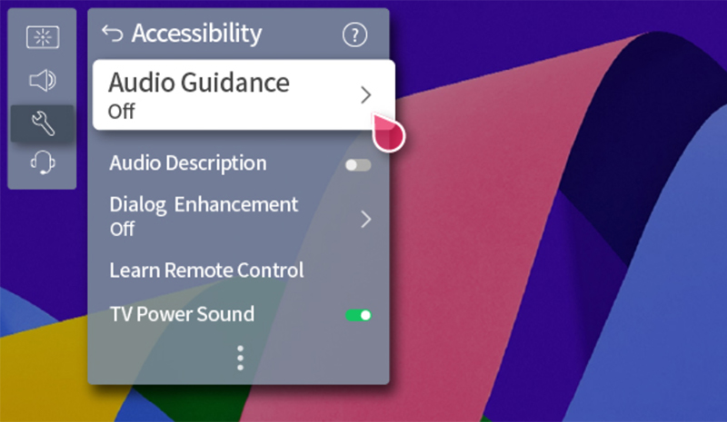 Tìm và chọn vào mục “Hướng dẫn bằng âm thanh” (Audio Guidance)