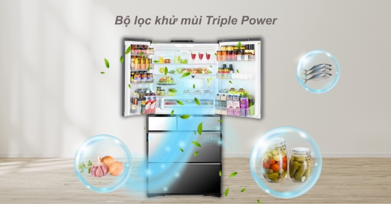 Bộ lọc khử mùi 3 lớp Triple Power làm sạch không khí trong tủ lạnh Hitachi