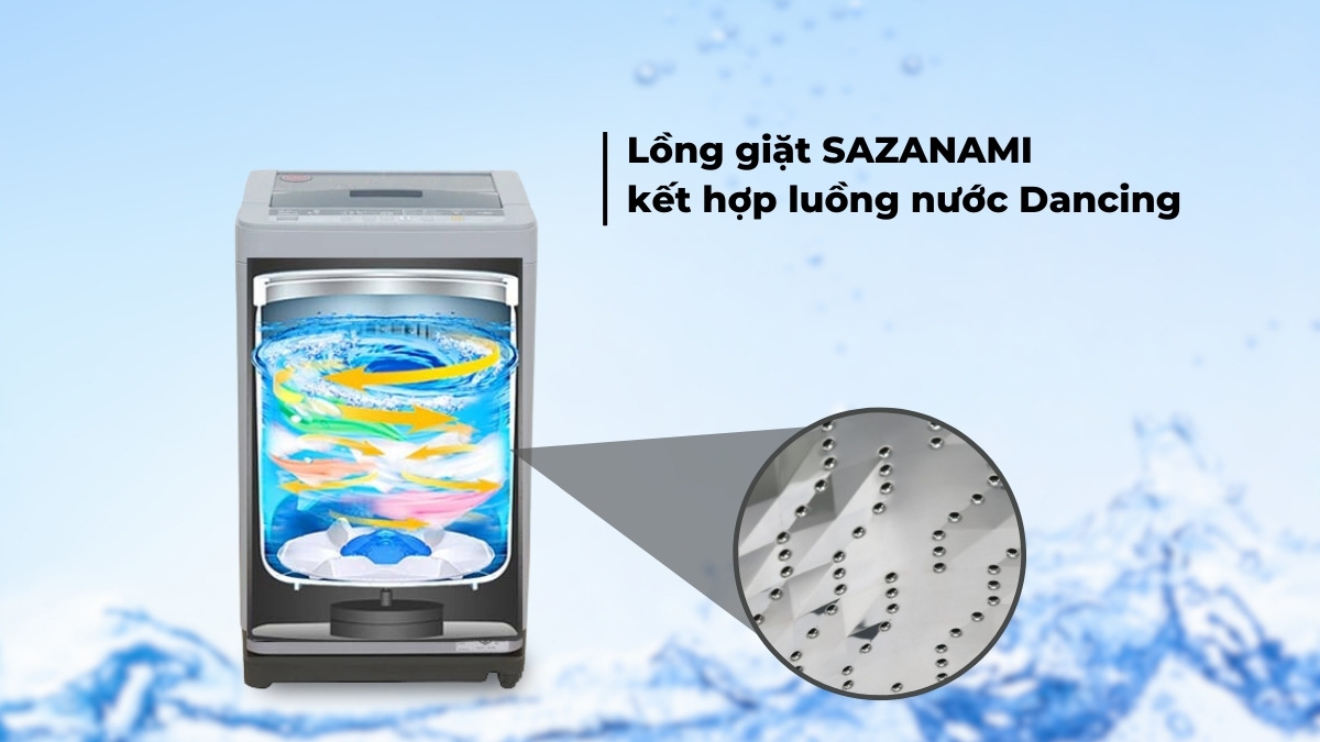 Lồng giặt SAZANAMI kết hợp luồng nước Dancing giúp làm sạch quần áo hiệu quả