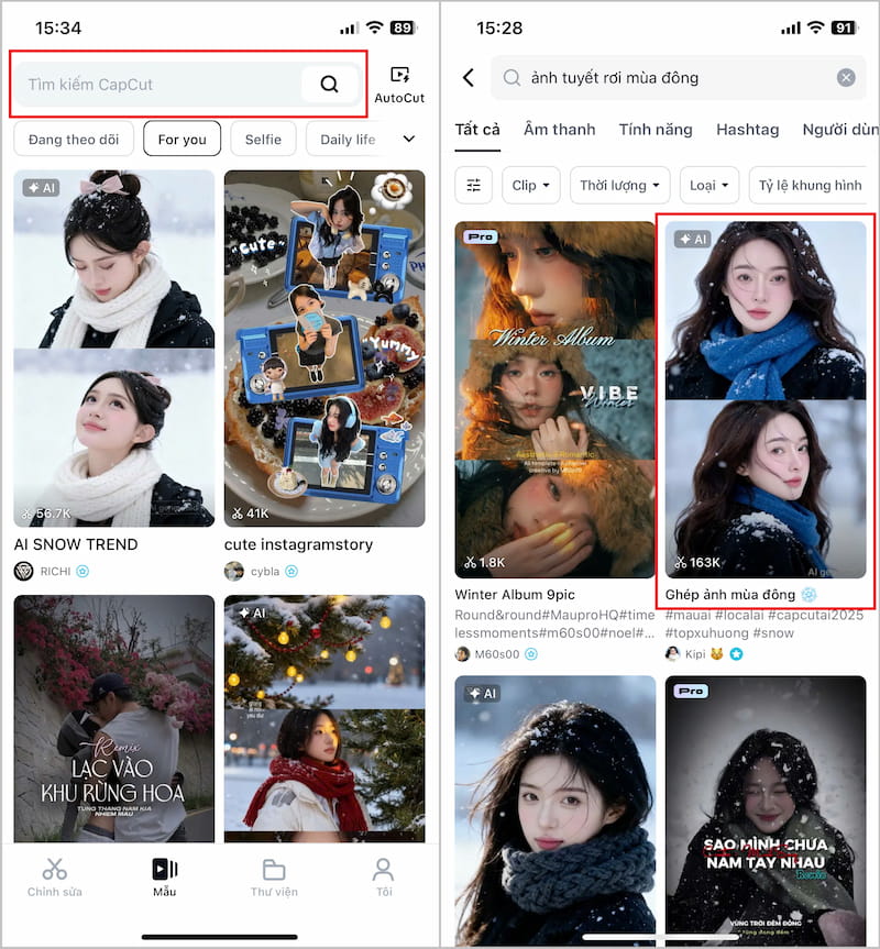 Vào CapCut và nhập từ khóa "ảnh tuyết rơi mùa đông"