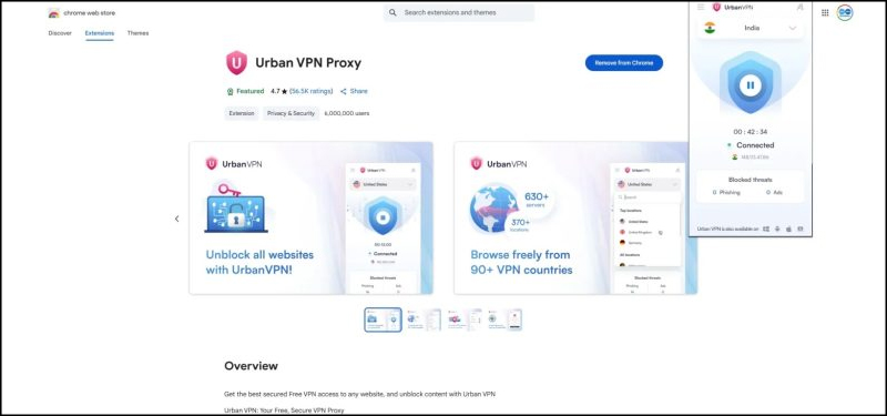 Tải tiện ích Urban VPN Proxy trên trình duyệt và chọn máy chủ India