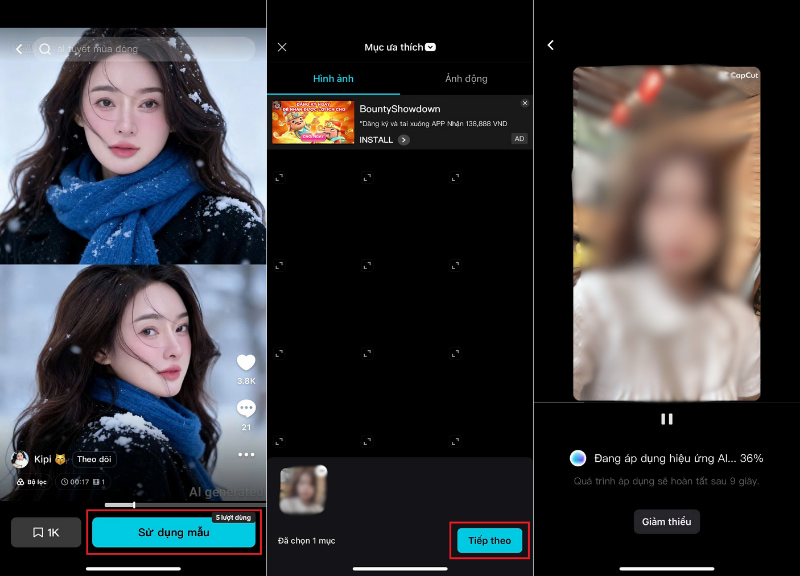 Chọn mẫu và tải ảnh lên Capcut