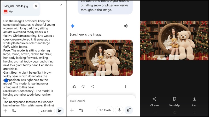 Giao diện Gemini hiển thị prompt đã nhập và kết quả ảnh Noel tạo ra