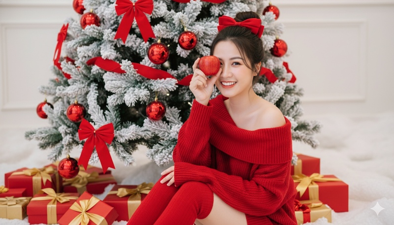 Prompt tạo ảnh chân dung Noel cho nữ tone đỏ
