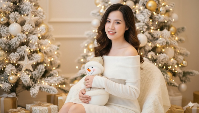 Câu lệnh tạo ảnh chân dung Noel cho nữ mặc váy len trắng ôm người tuyết