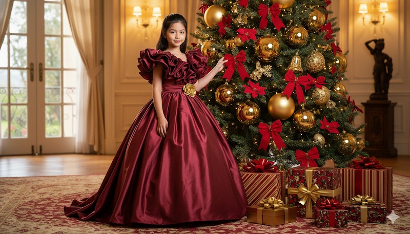 Prompt tạo ảnh Noel cho bé gái mặc váy dạ hội lộng lẫy bên cây thông lớn