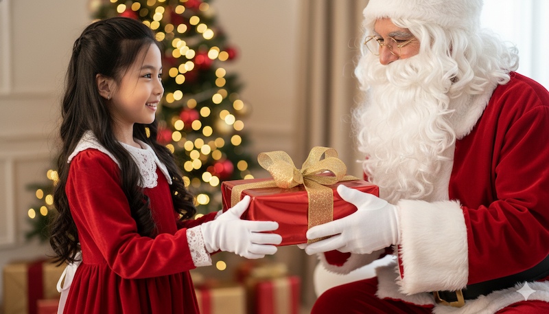 Prompt tạo ảnh Noel cho bé gái đang nhận quà từ Ông già Noel