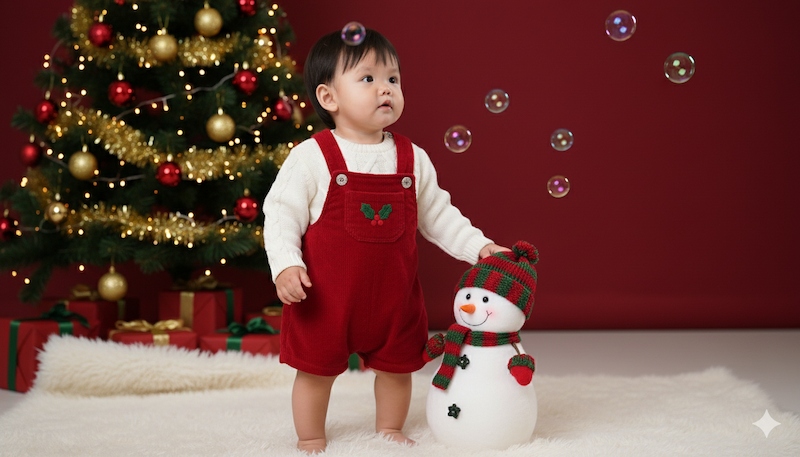 Prompt tạo ảnh Noel cho bé trai bên cạnh người tuyết