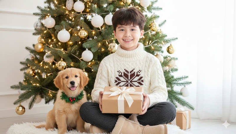 Prompt tạo ảnh Noel cho bé trai ngồi cạnh cún cưng golden và hộp quà