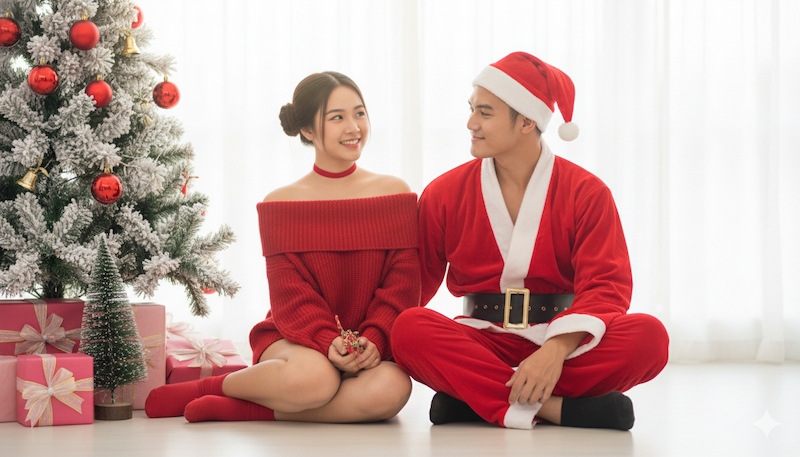Prompt tạo ảnh Noel cho cặp đôi với nam mặc đồ Santa