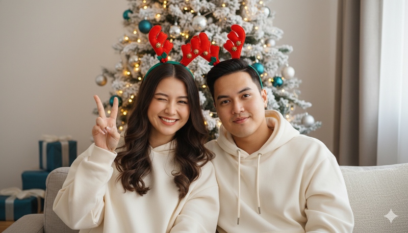 Prompt tạo ảnh Noel cho cặp đôi đeo bờm tuần lộc ngồi trước cây thông