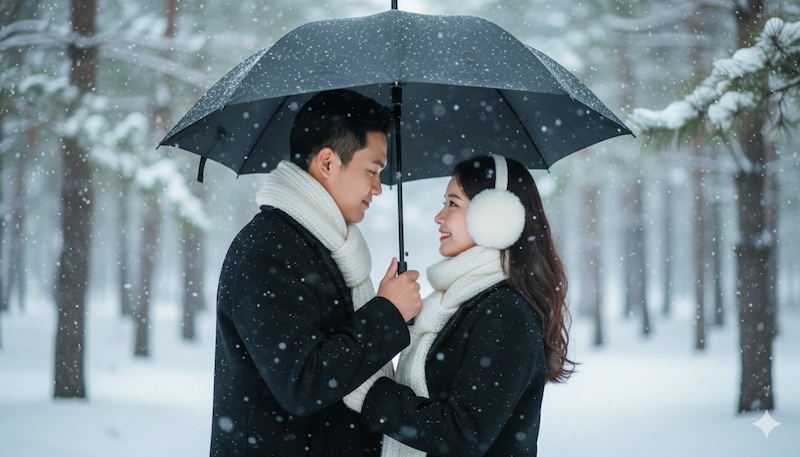 Prompt tạo ảnh Noel cho cặp đôi lãng mạn cầm ô dưới tuyết