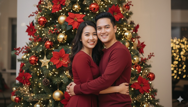 Câu lệnh tạo ảnh Noel cho cặp đôi tình cảm trước cây thông