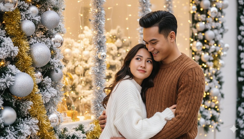 Prompt tạo ảnh Noel cho cặp đôi ôm nhau tình cảm trước cửa hàng trang trí
