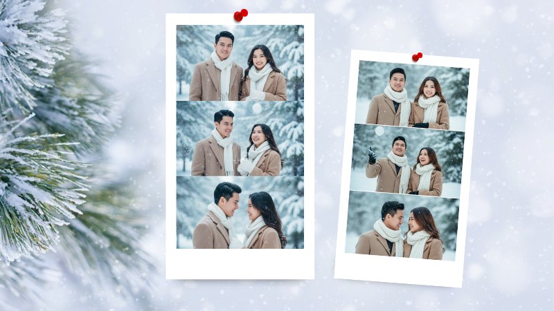 Prompt tạo ảnh Noel cho cặp đôi trend 3 khung dọc lãng mạn dưới tuyết