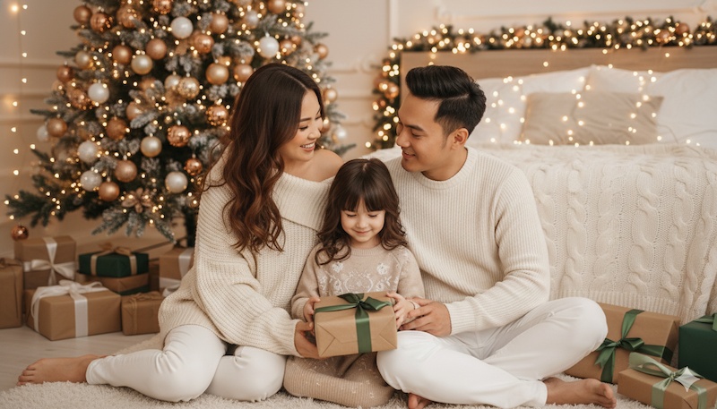 Prompt tạo ảnh Noel gia đình 3 người ấm cúng ngồi trước cây thông.