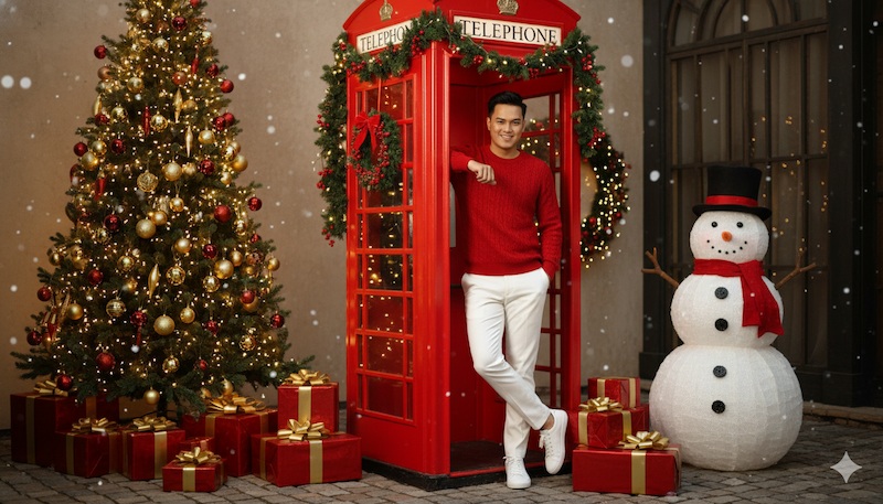 Prompt tạo ảnh Noel cho nam đứng bên bốt điện thoại