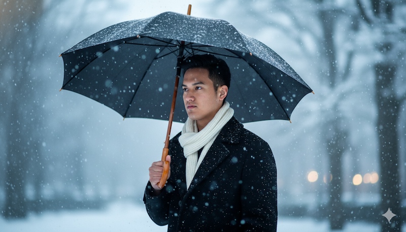 Prompt tạo ảnh Noel cho nam cầm ô dưới trời tuyết