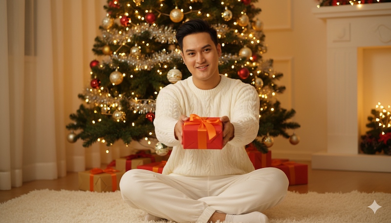 Prompt tạo ảnh Noel cho nam ngồi trước cây thông đưa hộp quà về phía máy ảnh