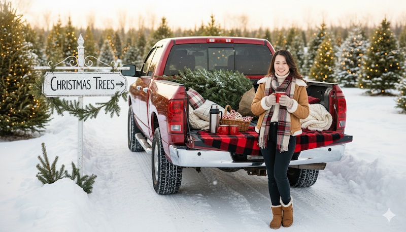 Prompt tạo ảnh Noel cho nữ đứng cạnh xe bán tải đỏ ở nông trại cây thông