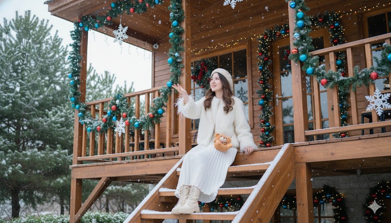Prompt tạo ảnh Noel cho nữ ngồi ở hiên nhà gỗ