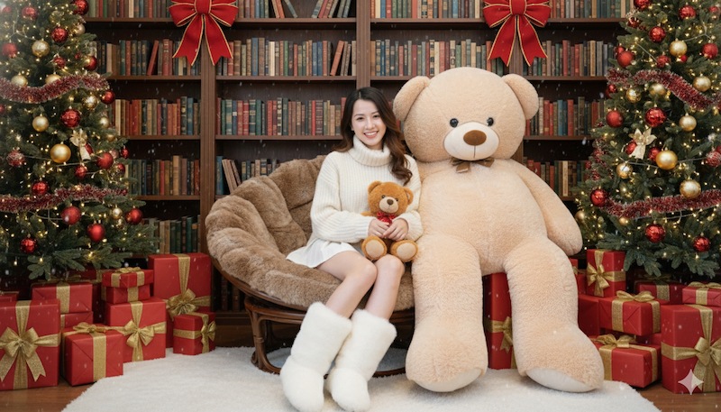 Prompt tạo ảnh Noel cho nữ ngồi bên gấu bông khổng lồ trong thư viện