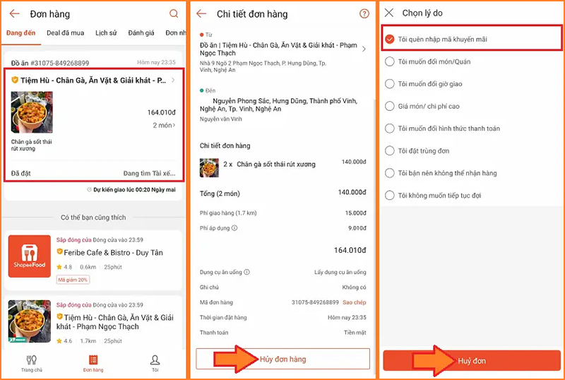Cách hủy đơn ShopeeFood trên app