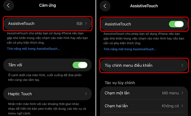 Chọn “AssistiveTouch” và bật công tắc > Chọn “Tùy chỉnh Menu điều khiển”