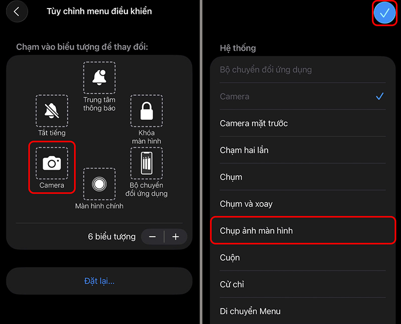 Chọn biểu tượng mà bạn muốn thay thế bằng tác vụ chụp ảnh màn hình và chọn vào “Chụp ảnh màn hình”