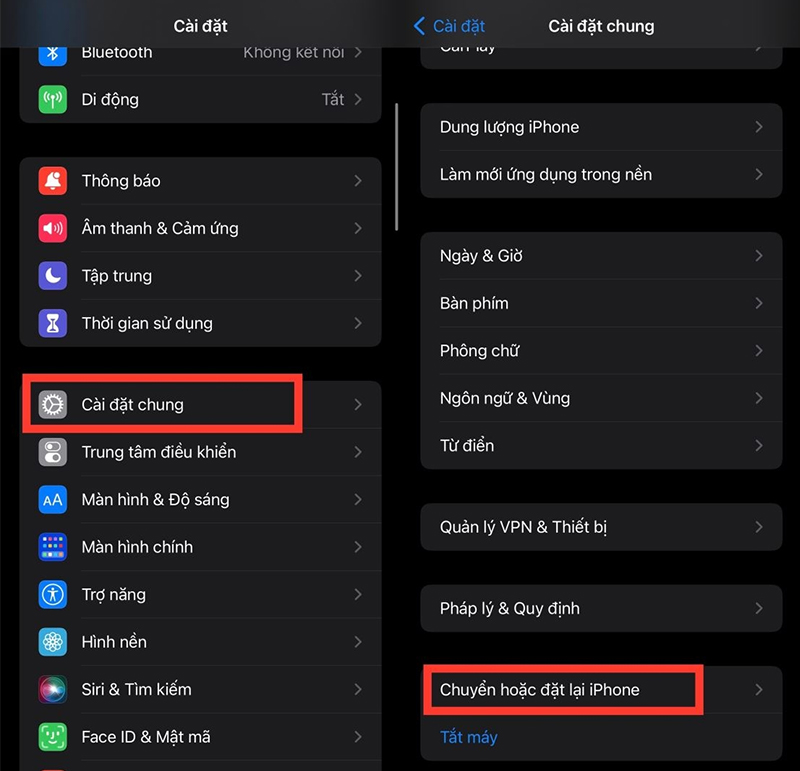 Chọn “Cài đặt chung”, kéo xuống cuối và chọn “Chuyển hoặc đặt lại iPhone”