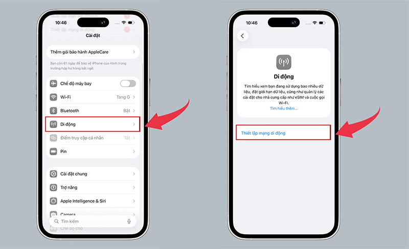 Chọn “Di động” (Cellular) > Chọn “Thiết lập mạng di động” (Set Up Cellular)