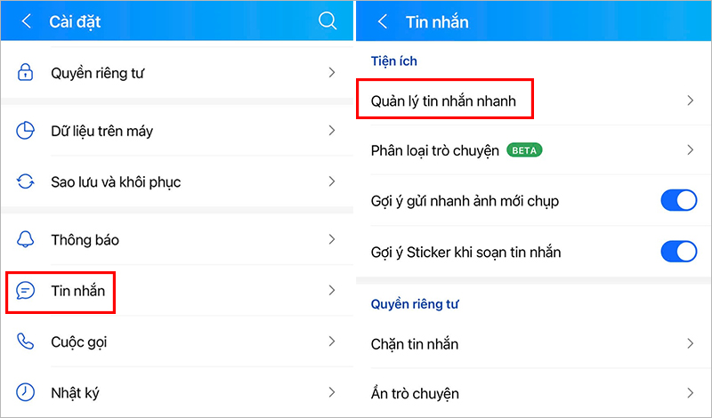 Chọn “Tin nhắn” → Chọn mục “Quản lý tin nhắn nhanh”