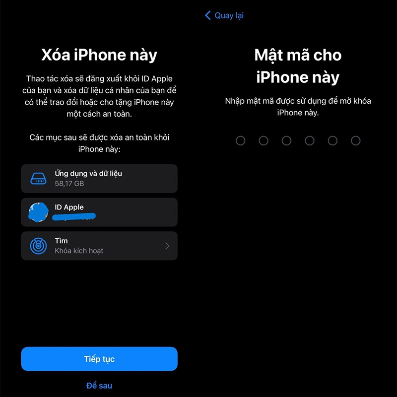 Chọn “Tiếp tục” rồi nhập mật khẩu để xác nhận