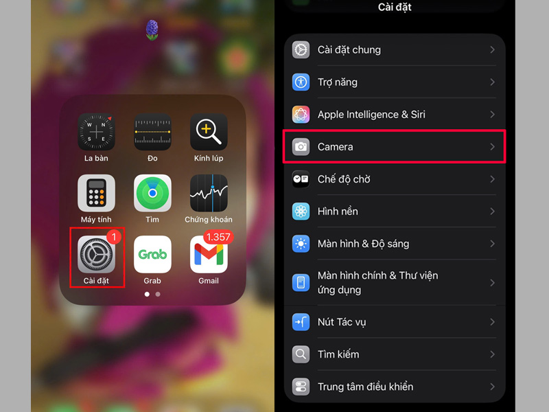 Chọn Camera tại giao diện Cài đặt