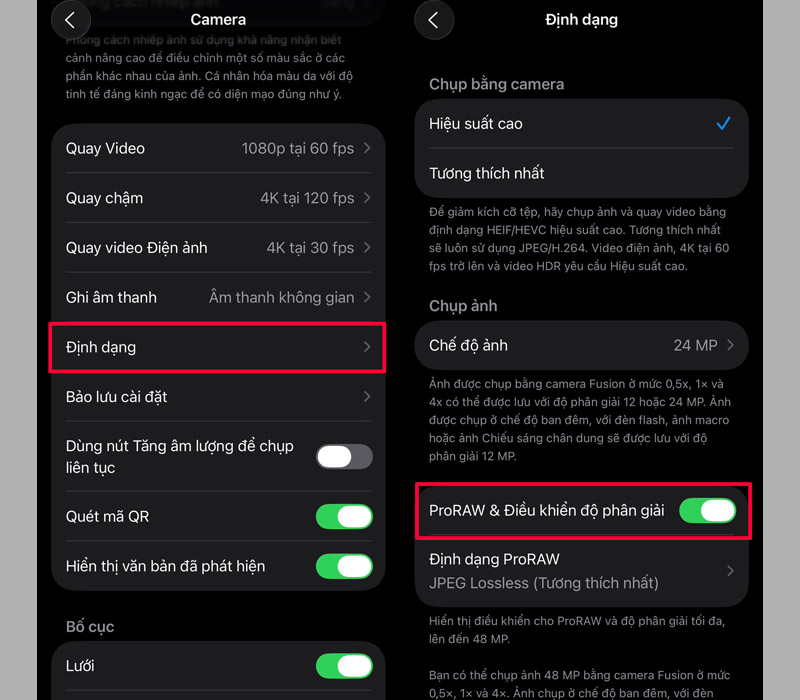 Gạt công tắc sang phải tại mục ProRAW & Điều khiển độ phân giải