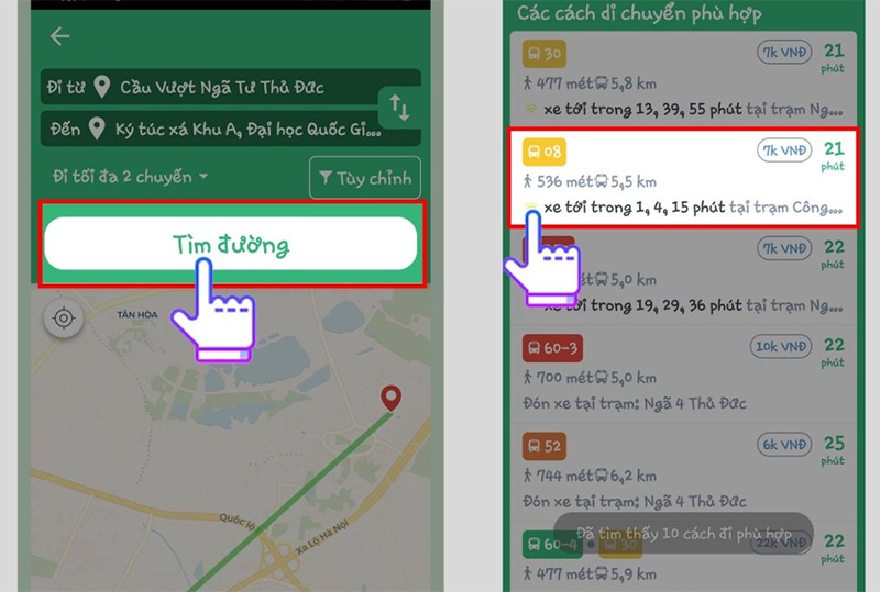 Nhấn “Tìm đường” để tìm thông tin tuyến xe buýt