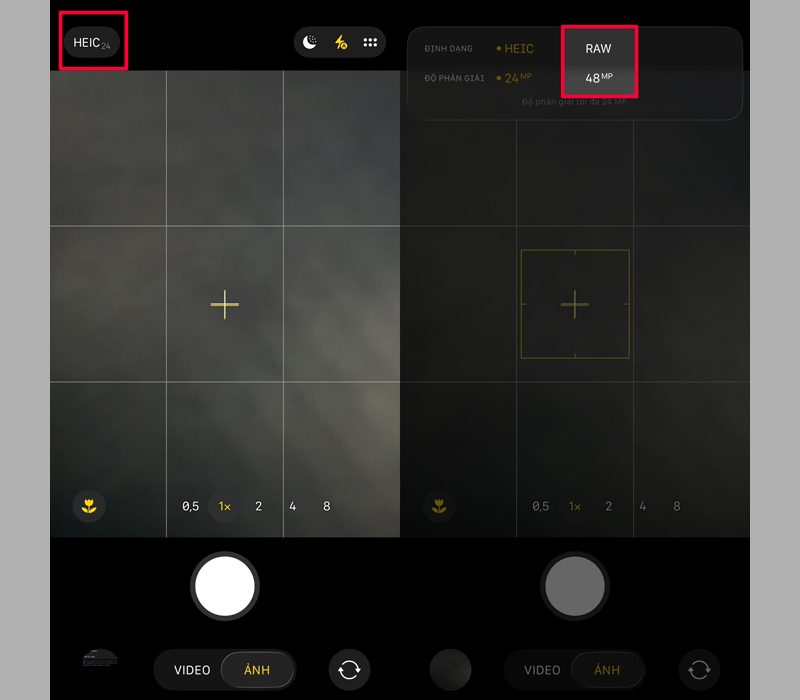 Chọn RAW để bật chế độ ProRAW và bắt đầu chụp