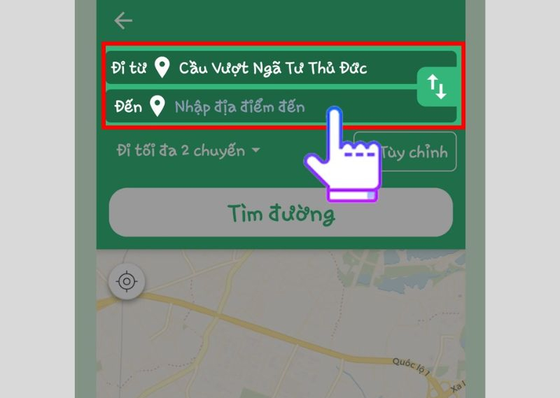 Nhập địa điểm xuất phát và địa điểm cần đến vào ô thông tin tương ứng