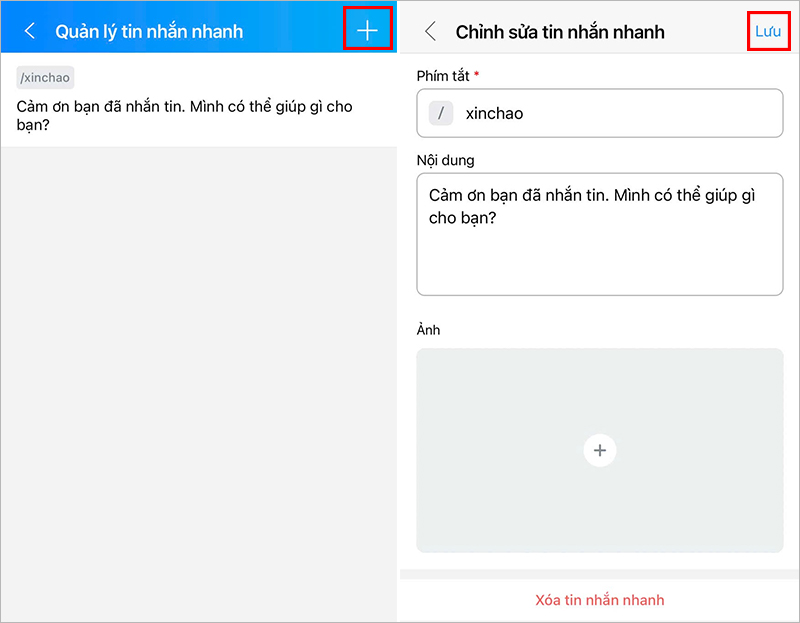 Bạn tạo tin nhắn nhanh mới hoặc sửa tin nhắn có sẵn